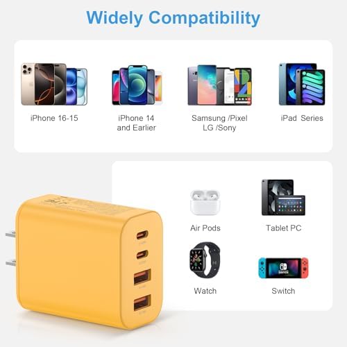 Compact 40 W Dual Port USB C Charger Block – Rapid Charge Cube for i Phone 11-16 Pro Max, i Pad, Samsung & More – Stylish Yellow Power Delivery & Quick Charge Technology for Ultimate Travel Convenience and Device Compatibility