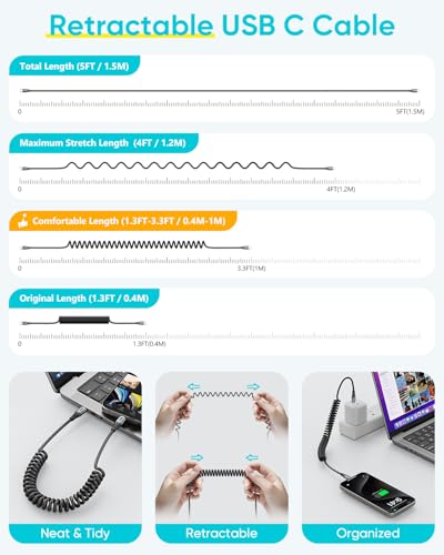 SUNGUY Coiled USB C to USB C Cable,2Pack 60W [1.5FT-5FT] USBC to USBC Android Auto & Carplay Cable for iPhone 16/15/ Pro/Pro Max, Samsung Galaxy S24/S3/S22, iPad Pro – Enhanced Compatibility and Speed
