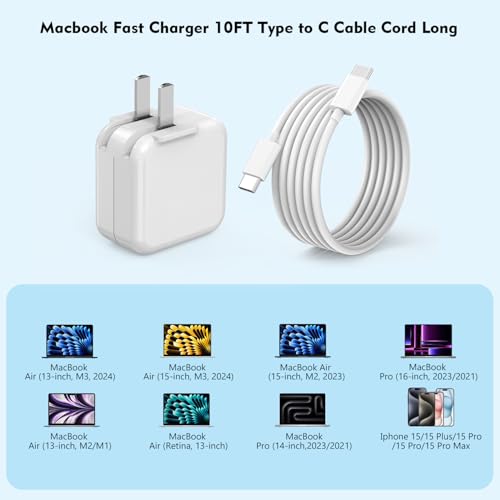 30 W Fast Charging Mac Book Air Charger – 10 FT USB-C Cable Duo for Ultimate Flexibility and Speed – Compatible with Mac Book Pro & i Phone 15 – PD 3.0 Technology for Rapid Power Delivery – Safeguards Your Devices with Multi-Protection Features – Ideal for Home, Office, or On-the-Go Charging – Perfect for Mac Book Air 13″ (2024-2018), Mac Book Pro 16/15/14/13″, i Pad Pro & i Phone – Durable Design with UL Certification for Enhanced Reliability – Two-Pack Charger Set for Maximum Convenience – Charge Anywhere, Anytime with Long Cable Length
