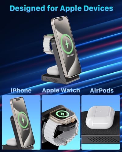 Revolutionize Your Charging Experience with the 3-in-1 Magnetic Wireless Charging Station – Fast 15 W Power for i Phone 16/15/14/13/12, 5 W Speed for Apple Watch, and Air Pods Compatibility – Includes 30 W USB-C Charger for Ultimate Efficiency and Portability – Sleek Design for Modern Spaces