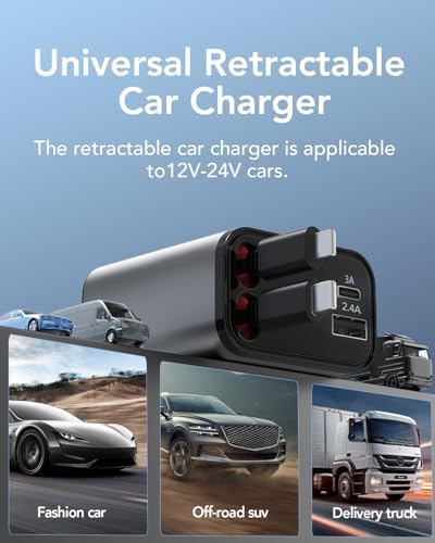 2025 Ultra-Compact 4-in-1 Retractable Car Charger – 69 W Fast Charging Adapter for i Phone 16, Galaxy and More – Innovative Space-Saving Design with Multiple Ports for Simultaneous Device Powering – Essential Car Accessory for Daily Commutes and Road Trips