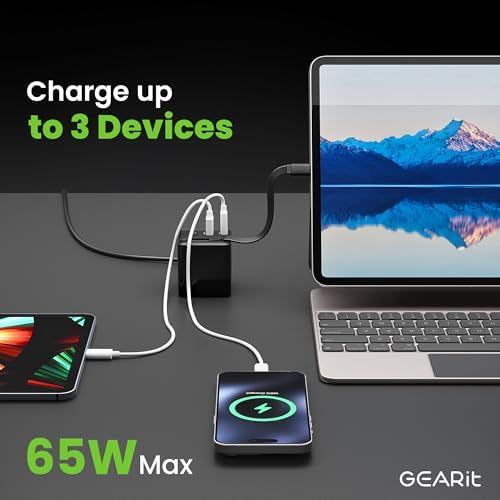 Maximize Charging Efficiency with GEARit 65 W Ga N USB-C Charger – Dual Port Power Block Featuring Retractable 31.5″ Cable for i Phone 16/15, Mac Book Pro/Air, i Pad Pro, and Samsung S25 Ultra – Real-Time Power Display and 3 ft Cord for Ultimate Flexibility and Clutter-Free Use