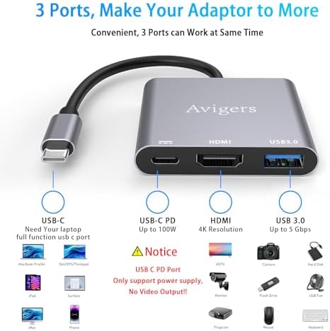 Elevate Your Setup with the Avigers USB C to Dual HDMI Adapter – 4 in 1 Multi-Display Hub for Seamless 4 K Productivity and Gaming, Features 2 HDMI Outputs, PD Charging Port, and USB 3.0 for Lightning-Fast Data Transfer – Lightweight, Portable Design for On-the-Go Professionals and Gamers