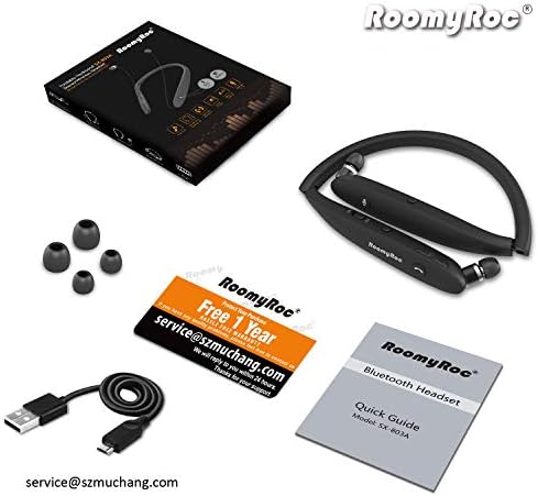 Premium Roomy Roc Bluetooth Neckband Headphones – Wireless Sports Earbuds with Retractable Design, Sweat-Proof Noise Cancelling, and Built-in Mic for Seamless Voice Control (Compatible with Siri & Bixby) – Foldable and Fast Connectivity for Active Lifestyles