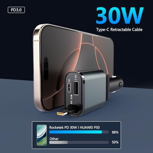 2025 Ultra-Slim PD30 W Retractable Car Charger – Fast USB-C Charging for i Phone 16/15/14/13/12 & Samsung Devices – Essential Travel Accessory with Safety Features and Tangle-Free Design for On-the-Go Power