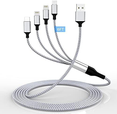 Universal 4-in-1 Fast Charging Cable – 1.8 M/6 Ft Multi Connector USB Cord for i Phone, Android & More – Lightning, Type C & Micro USB Ports for Enhanced Compatibility & Rapid Charging Experience – Tangle-Free, Durable Design for Home, Office & Travel Use