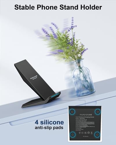 NANAMI 15 W Qi Certified Fast Wireless Charger Stand – Ergonomically Designed for i Phone 16/15/15 Pro/Plus/Max & Samsung Galaxy S25/S24/S23/S22/S21 – Ultra-Fast Charging with Advanced Safety Features for All Qi-Compatible Devices – Sleek, Space-Saving Solution for Effortless Charging at Home or Office