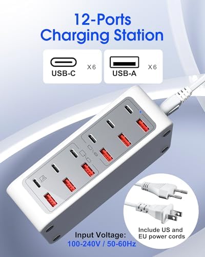 220 W Ga N USB-C Charging Station – 12-Port High-Speed Hub with 65 W Laptop Adapter for Mac Book, i Pad, and More – Sleek Black Multi-Device Power Solution for Home, Office, and Travel – Efficient Charging for Tech Enthusiasts and Families