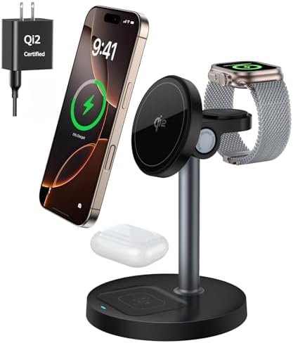 2025 Premium 3-in-1 Wireless Charging Station for i Phone 16/15/14/13/12, Apple Watch 9/Ultra 2, and Air Pods | 20 W Fast Charger with Mag-Safe Alignment, Sleek Black Bedside Dock for Enhanced Device Organization and Efficiency