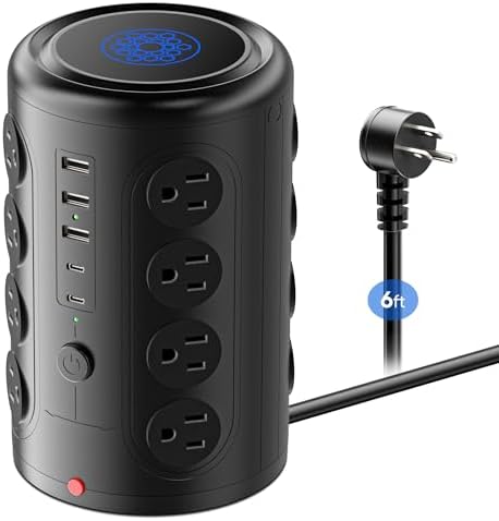 Ultimate Heavy Duty Power Strip Tower with 16 AC Outlets and 5 Fast-Charging USB Ports (including 2 USB-C) – Ten Trend 1500 Joules Surge Protector with 6 FT Extension Cord for Home Office, Dorm Room, and Workspace Efficiency – Compact Design for Maximum Device Connectivity and Protection