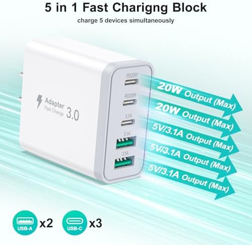 Besgoods 50 W USB C Charger Block – High-Speed Multi-Port Charging Solution for i Phone 16 Pro Max, i Pad, and Galaxy Devices – Includes Durable 6 ft Braided USB-C to C Cable – Perfect for Home, Office, and Travel – Charge Up to 5 Devices Simultaneously with Enhanced Compatibility and Safety Features