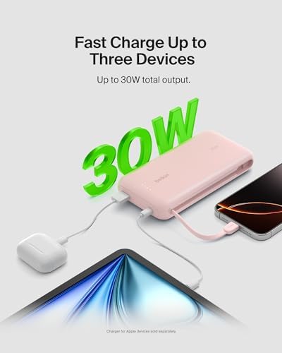 Belkin 10,000 m Ah Portable Charger – Fast Charge Power Bank with Integrated Cable for i Phone 16, i Pad Pro, Galaxy S25 – 20 W USB-C Power Delivery – Lightweight Pink Design for Ultimate Portability and Versatile Compatibility