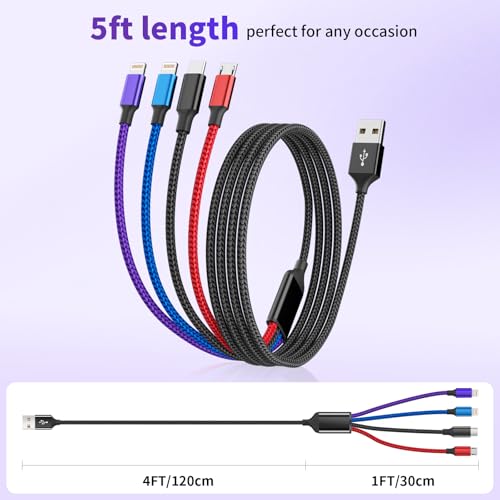 Versatile 4-in-1 Nylon Braided Charging Cable – 2 Pack, 5 FT Length, Fast Charging Universal USB Cable for Lightning, USB-C, and Micro USB Devices, Optimized for High-Speed Connectivity and Enhanced Durability, Ideal for Phones, Tablets, and More