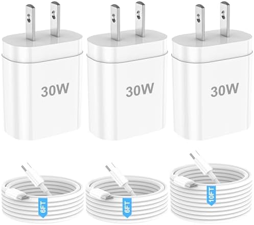 Ultimate 30 W Type-C Fast Charging Trio for i Phone 15/16 Pro & Max – Versatile 3-Pack with 6 FT & 10 FT USB-C Cables – High-Speed Power Delivery for i Pad Pro, Samsung, and Android Devices – Perfect for Home, Office, or Travel Power Needs