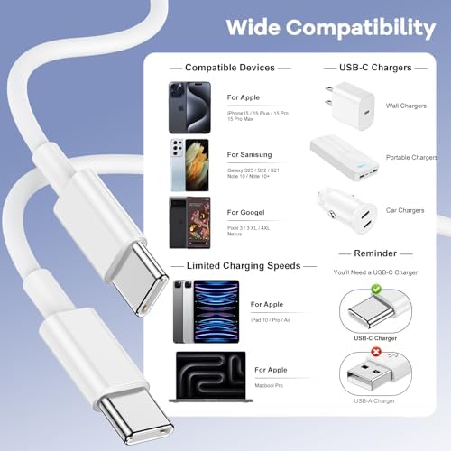6-Foot USB C Cable for i Phone 15 – 3-Pack Durable Woven Fast Charging Solution for i Phone 16, Mac Book Pro, and Samsung Galaxy S23 Ultra – Optimal Length for Home, Office, and Travel Use – 60 W Power Delivery & High-Speed Data Transfer
