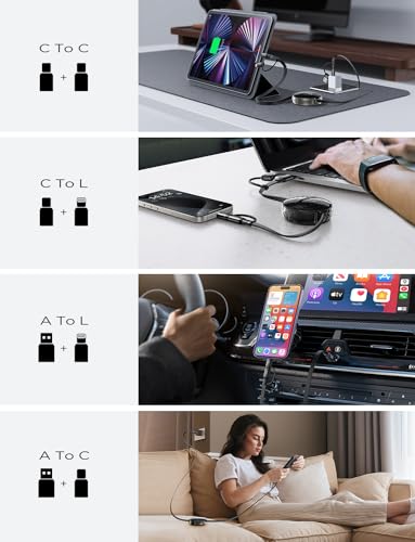 LISEN 5-in-1 Retractable Fast Charging Cable – 60 W Multi-Device Charger for i Phone, i Pad & Samsung with USB-C/A Ports – Compact and Portable Charging Solution for On-the-Go Power Needs