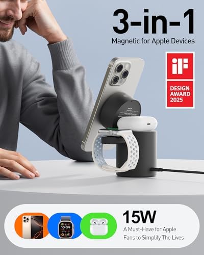 Revolutionize Your Charging Experience with the i WALK 3 in 1 Wireless Charging Stand – Magnetic Auto-Rotating Station for i Phone 12-16, Apple Watch & Air Pods – 15 W Fast Charge, Sleek Black Design for Effortless Device Management and Optimal Viewing Comfort