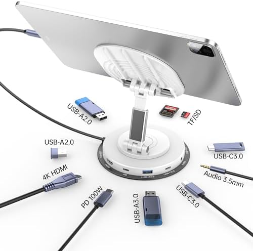 Maximize Your Workspace Efficiency with the 100 W USB-C Docking Station: Versatile 5-Port Universal Hub with Adjustable Phone Stand and 360° Rotating Base for Seamless Connectivity Across Mac Book Pro, Air, Dell, and HP Laptops – Power Delivery Charging and Fast USB 3.0 Data Transfer for Enhanced Productivity