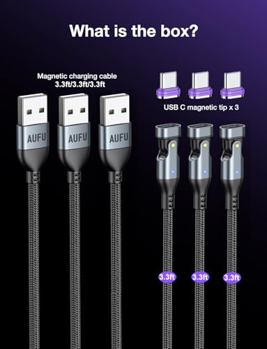 AUFU 16PIN USB C Magnetic Charging Cable (3Pack, 3.3/6.6/6.6ft), 180° Rotation Magnet Charger Cable/Magnetic USB C Cables/Magnet Phone Charger/Data Transfer Charging Cables for Phone/Tablet/Laptop – Enhanced Compatibility and Speed