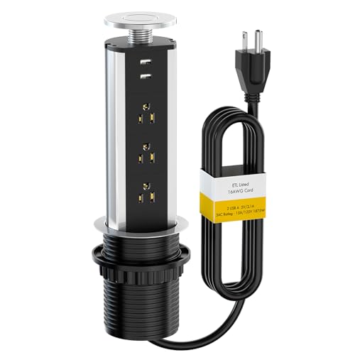 Elevate Your Charging Station with the Kungfuking Retractable Pop Up Outlet Socket – Versatile Power Hub Featuring 3 US Plugs & 2 USB Ports for Kitchen Counters, Conference Rooms, and Office Spaces, Sleek Black Design for Modern Aesthetics, Efficient Charging & Clutter-Free Organization