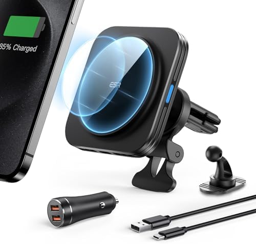 ESR Mag Safe Car Charger for i Phone & Galaxy – 15 W Wireless Fast Charging Air Vent Mount with 36 W QC 3.0 Adapter – Secure Magnetic Alignment for i Phone 12/13/14/15/16 & Galaxy S25/S25 Ultra – Effortless Installation for Navigation & Hands-Free Calls