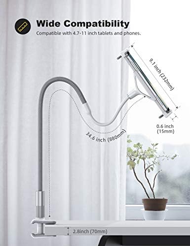 Lamicall Gooseneck Tablet Holder Mount – Ergonomic Adjustable Arm Stand for Hands-Free Viewing of i Pad Pro, Mini, Air & Galaxy Tabs (4.7-10.5″) – Versatile Clip Design for Bed, Desk, and Kitchen Use for Enhanced Comfort and Productivity