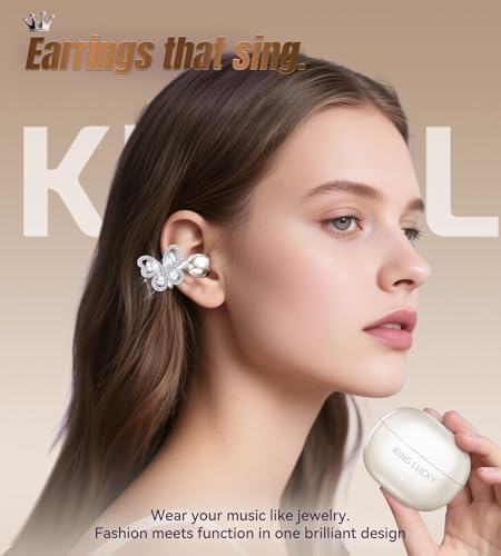 Stylish King Lucky Bluetooth 5.4 Clip-On Earbuds with Chic Detachable Butterfly Earrings – Waterproof Open Ear Design for Ultimate Comfort, 50-Hour Playtime Perfect for Festivals and Parties, Luxurious Rose Gold Gift for Discerning Women