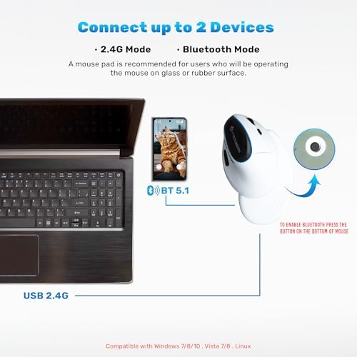 Elevate Your Comfort and Efficiency with the J-Tech Digital Wireless Ergonomic Mouse – Dual Mode Bluetooth & USB Connectivity, Rechargeable, Adjustable DPI Up to 3200 for Laptops, Desktops, PCs, and Macs – Sleek White Design for Modern Workspaces