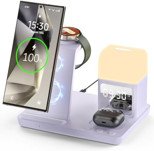Ultimate 6-in-1 Wireless Charging Station for Samsung Devices – Stylish Purple Design with Alarm Clock and Night Light Functionality – Fast Charging for Galaxy S25/S24/S23 Ultra Series, Galaxy Watch 7/6/5/4, and Galaxy Buds – Ideal for Home or Office Use – Enhanced Safety Features and Adjustable Brightness Settings – Tidy Up Your Space with This Multi-Device Charger – Compatible with USB-C, Perfect for Samsung Users Seeking Convenience and Efficiency – Say Goodbye to Clutter and Hello to Seamless Charging Experience!
