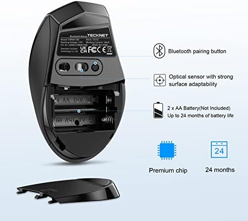 TECKNET Bluetooth Wireless Mouse – Ergonomic 4800 DPI Precision with 6 Adjustable Settings, Long-Lasting 2-Year Battery, and 6 Functional Buttons for Laptops & Windows – Sleek Grey Design for Enhanced Comfort and Productivity