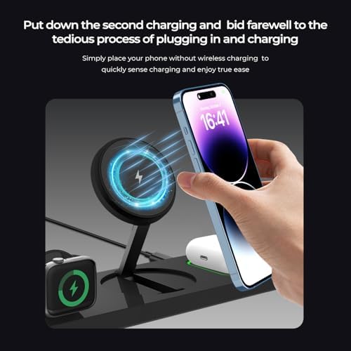 3-in-1 Wireless Charging Station for i Phone, Apple Watch & Air Pods – Fast Charge Capability for i Phone 15/14/13/12 Pro/Max/Mini/Plus, Compatible with Apple Watch 8/7/6/SE/5/4/3/2 & Air Pods 3/2/Pro – Sleek Black Design with Adapter for Effortless Device Management