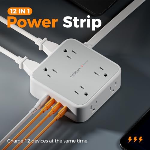 TESSAN Power Strip Tower Surge Protector: 8 AC Outlets & 3 USB Ports (1 USB-C) with 900 Joules Protection, 5 FT Flat Plug Extension Cord – Ultimate Desk Charging Station for Home Office and Dorm Room Efficiency