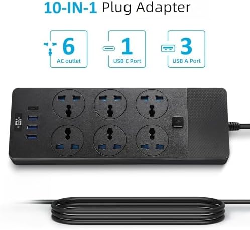 Jumpso 3000 W Universal Power Adapter with 4 Fast-Charging USB Ports (1 USB-C) – 6 ft Heavy-Duty Extension Cord for Global Travel & Home Office Use – Versatile Power Strip with International Outlets, Safe Overload Protection, and Sleek Design for Effortless Device Connectivity