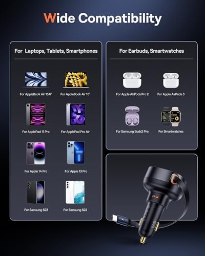 Baseus 33 W Retractable Dual USB-C Car Charger – Fast Charge Your Samsung Galaxy & Tablets on the Go, Sleek Black Design, Compact & Portable, Enhanced Safety Features for Effortless Travel Power Solutions