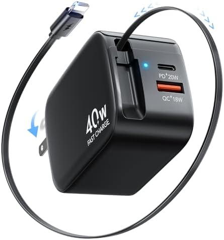 40 W Retractable 3-in-1 Wall Charger for i Phone 14/13/12, i Pad & Air Pods – Portable Fast Charging Block with Integrated Lightning Cable & Dual USB Ports for Ultimate Efficiency and Convenience (Black) 40 W Retractable 3-in-1 Wall Charger for i Phone 14/13/12, i Pad & Air Pods – Portable Fast Charging Block with Integrated Lightning Cable & Dual USB Ports for Ultimate Efficiency and Convenience (Black)