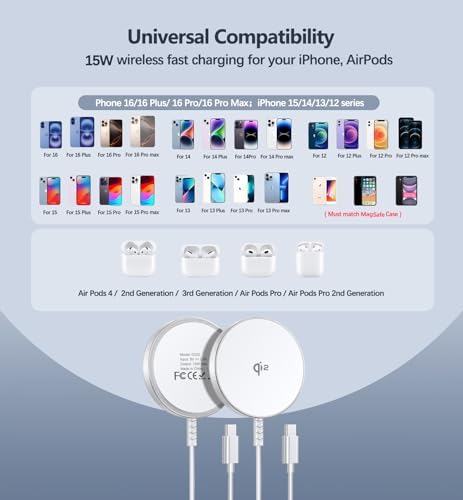 Elevate Your Charging Experience with the Qi2 Certified Magnetic Wireless Charger – 2 Pack 15 W Fast Charging Pads for i Phone 16/15/14/13/12 & Air Pods 3/2/Pro – Dual Port Design for Enhanced Versatility and Effortless Magnetic Alignment – Streamlined, Portable Charging Solution for Home, Office, and Travel