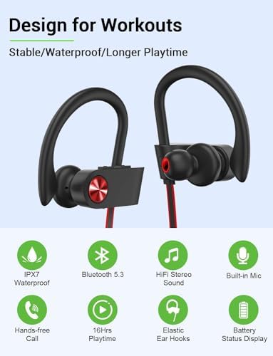 Stiive Bluetooth Sports Earbuds – IPX7 Waterproof Wireless Headphones with Noise Cancelling Mic, 16-Hour Playtime for Gym & Running – Stylish Red & Purple Design, Optimal Comfort for Active Lifestyles