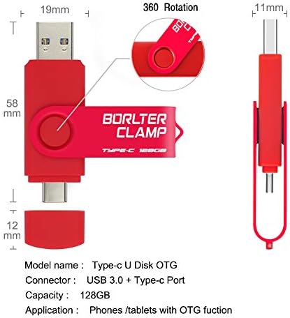 128 GB USB Type-C Flash Drive by Borlter Clamp – Dual Port Memory Stick for Fast Data Transfer with USB 3.0 Compatibility for Android Smartphones, Tablets, and Computers – Perfect for Samsung Galaxy S10/S9/Note 9, LG, and Huawei Devices – Reliable Storage Solution for Photos, Videos, and Documents