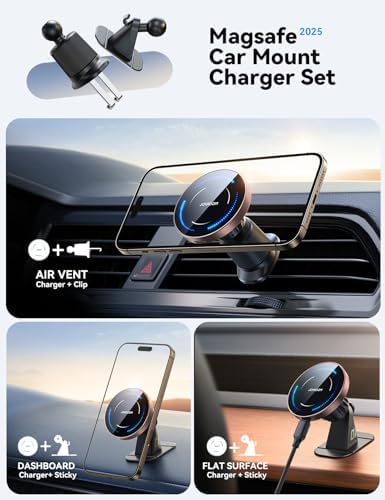 JOYROOM Mag Safe Car Mount Charger – 15 W Fast Wireless Charging for i Phone 12-16 Pro Max Plus, Enhanced Dual-Clip Grip for Secure Dashboard & Air Vent Installation, Stylish Dark Blue Finish, Ultimate On-the-Go Power Solution for i Phone 15 Accessories
