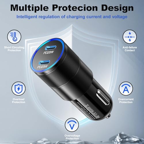 Dual USB Type C Car Charger 2 Pack – Fast Charging Cigarette Lighter Adapter for i Phone 16/15/14/13/12 & Samsung Galaxy S24/S23/S22 – Includes Two 6 FT Cables for Enhanced Travel Convenience and Universal Compatibility – Reliable Power On-the-Go