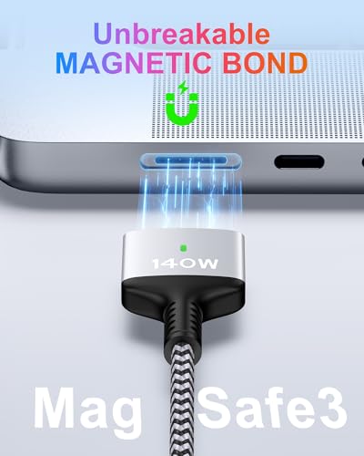 High-Speed 140 W USB-C to Magnetic 3 Charging Cable for Mac Book Air & Pro – 6 ft Durable Cord with Enhanced Compatibility for M1, M2, M3, M4 Models – Effortless Magnetic Connection and Fast Charging Efficiency