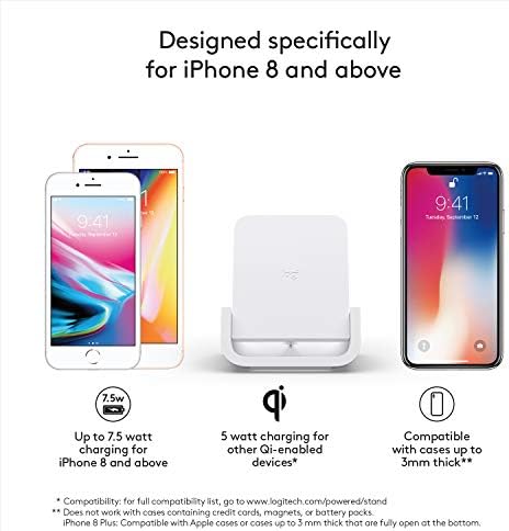 Logitech Powered Wireless Charging Stand for i Phone 8, 8 Plus, X, XS, XS Max, and XR – Fast 10 W Qi-Certified Charger with Adjustable Viewing Angles and Anti-Slip Design for Enhanced Safety and Convenience