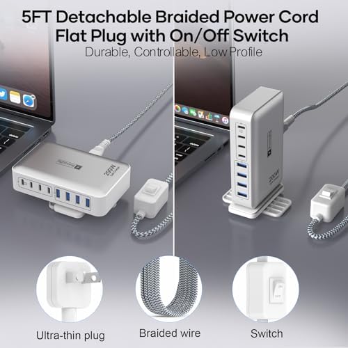 Transform Your Charging Routine with the 200 W 8-Port Fast Charging Hub – Multi-Device USB Station Featuring 65 W Laptop Adapter, Space-Saving Flat Plug, Durable Braided Cable, and User-Friendly On/Off Power Control for Optimal Performance and Safety