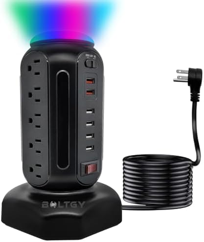 Ultimate Power Strip Tower with Colorful Night Light – 15 Outlets & 6 USB Fast Charging Ports, Surge Protection & 6.5 ft Cord for Home and Office Use – Enhanced Safety and Stylish Design for Multiple Devices