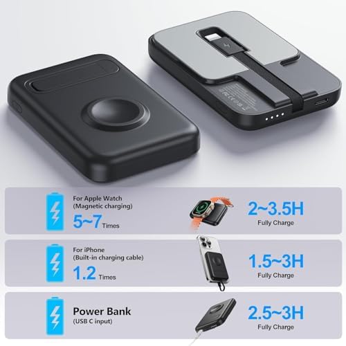 Ultimate Portable Power Bank for Apple Watch & i Phone – 5200 m Ah Magnetic Wireless Charger with Built-in Cable, Slim Travel Battery Pack for Apple Watch Series 9/Ultra2/8/7/6/SE/5 & i Phone Models 14/13/12/11/XR/8/7/6 s – Fast Charging for Active Lifestyles