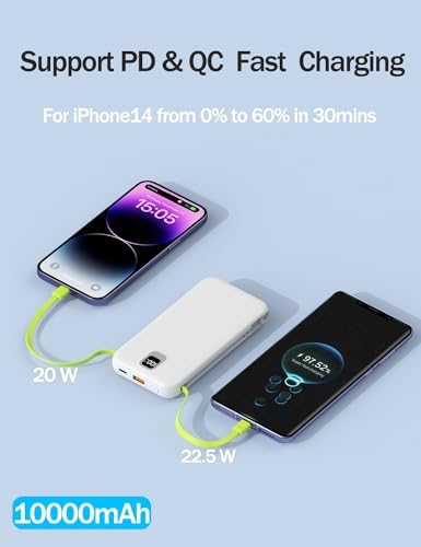 Ultra-Compact 10,000 m Ah Portable Charger with Integrated Cables & AC Plug – Fast Charging Power Bank for i Phone, Samsung, and Android Devices – QC 22.5 W & PD 20 W Travel Essential with Sleek Design for Maximum Convenience and Reliability