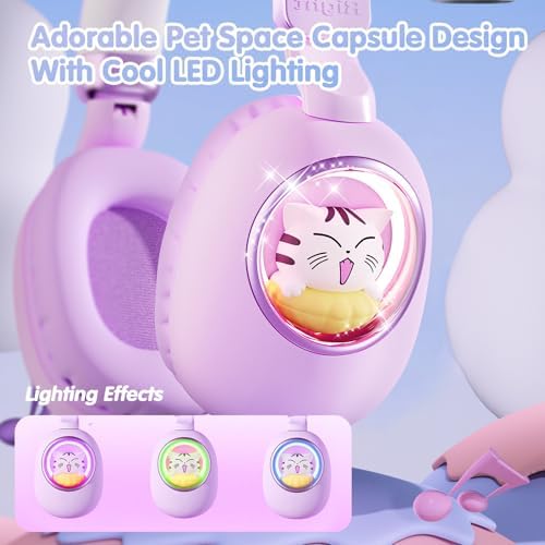 Bluetooth Cat Ear Kids Headphones – Wireless & Wired Over-Ear Noise Cancelling with Microphone, LED Lights, 85 d B Volume Limit for Safe Listening – Ideal for Travel & Home Use, Ultimate Comfort & Compatibility