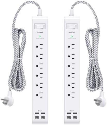 Dual Pack 12 FT Power Strip with 6 AC Outlets & 4 USB Ports, Including 2 USB-C – Versatile Surge Protector for Home, Office, and Dorm Use – Space-Saving Flat Plug Design, Wall Mountable for Ultimate Convenience and Safety