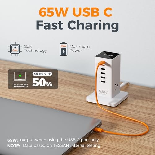 TESSAN 9-in-1 Powerful USB Charging Station – PD 65 W Multi-Device Charger Block for i Phone 15/16, Mac Book & Tablet – Fast, Efficient Power Delivery with 3 AC Outlets – Compact Travel & Home Office Accessory – Enhanced Compatibility & Safety Features
