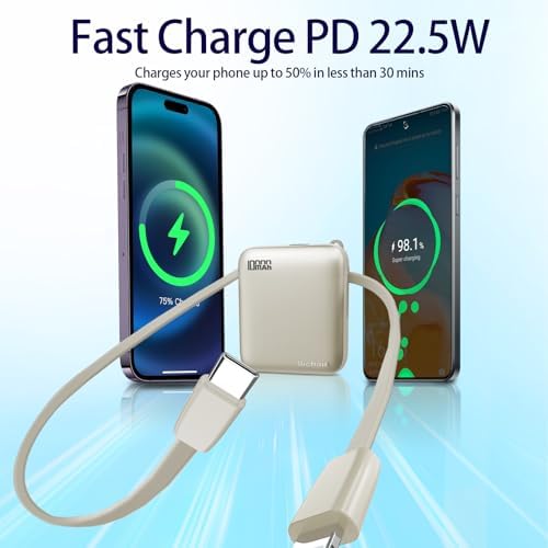 Sleek Gold Portable Power Bank with Built-in Cables and LED Battery Indicator – 10,000 m Ah USB-C Fast Charging Power Pack for i Phone, i Pad, Samsung, and Android Devices – Essential Travel Charger with Intelligent Safety Technology for Ultimate On-the-Go Convenience
